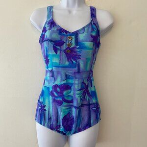 Le Cove One Piece Swimsuit Blue & Purple Floral Womens 14 Full Coverage Retro